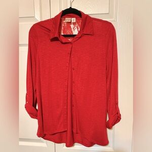 Red Button-Up Tunic with Lace Back Yoke